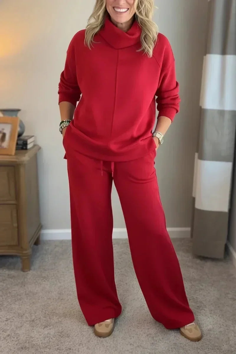 Damen Lounge Set Rollkragen Pullover & Weite Bein Hose Freizeitanzug