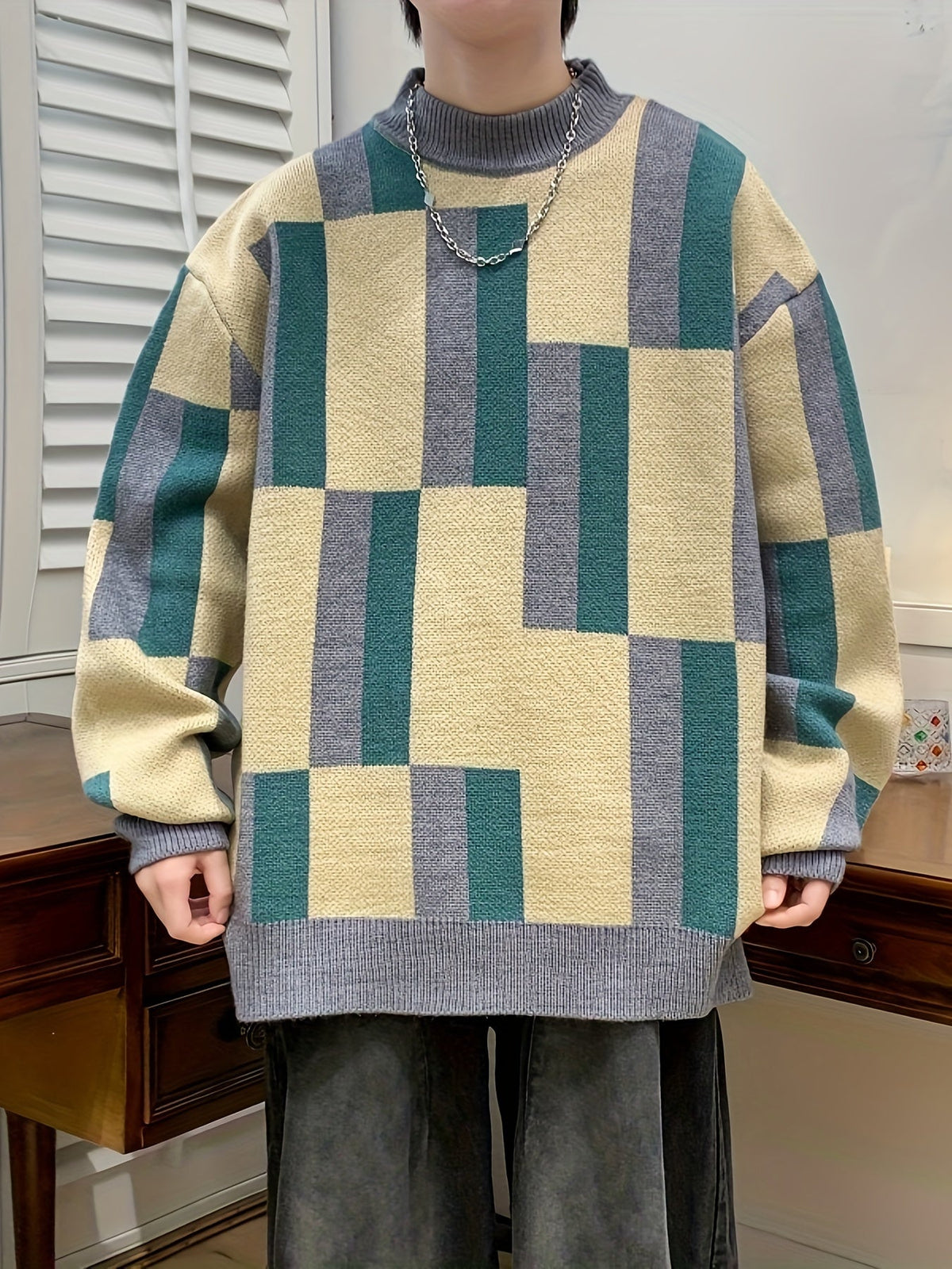 Unisex Rollkragenpullover mit geometrischem Muster – Blockmuster Strickpullover