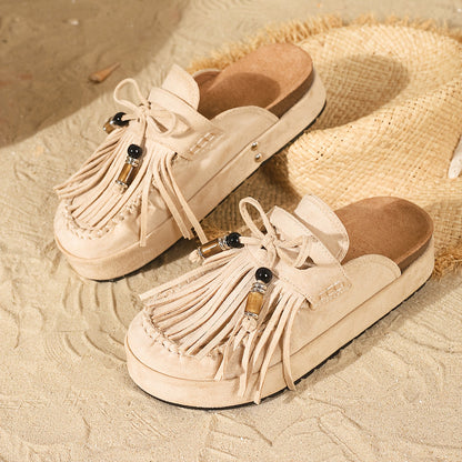 Damen Mokassin-Pantoletten mit Fransen und Perlendekor – Vintage Slipper für Sommer und Freizeit