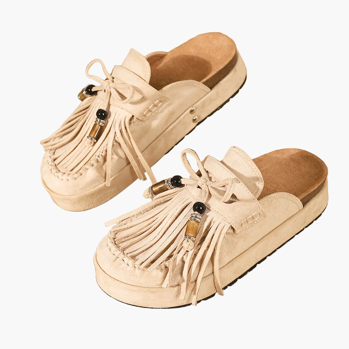 Damen Mokassin-Pantoletten mit Fransen und Perlendekor – Vintage Slipper für Sommer und Freizeit