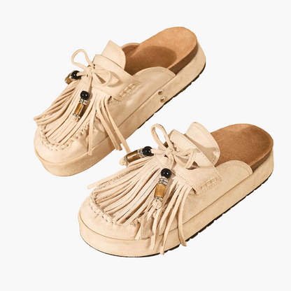 Damen Mokassin-Pantoletten mit Fransen und Perlendekor – Vintage Slipper für Sommer und Freizeit