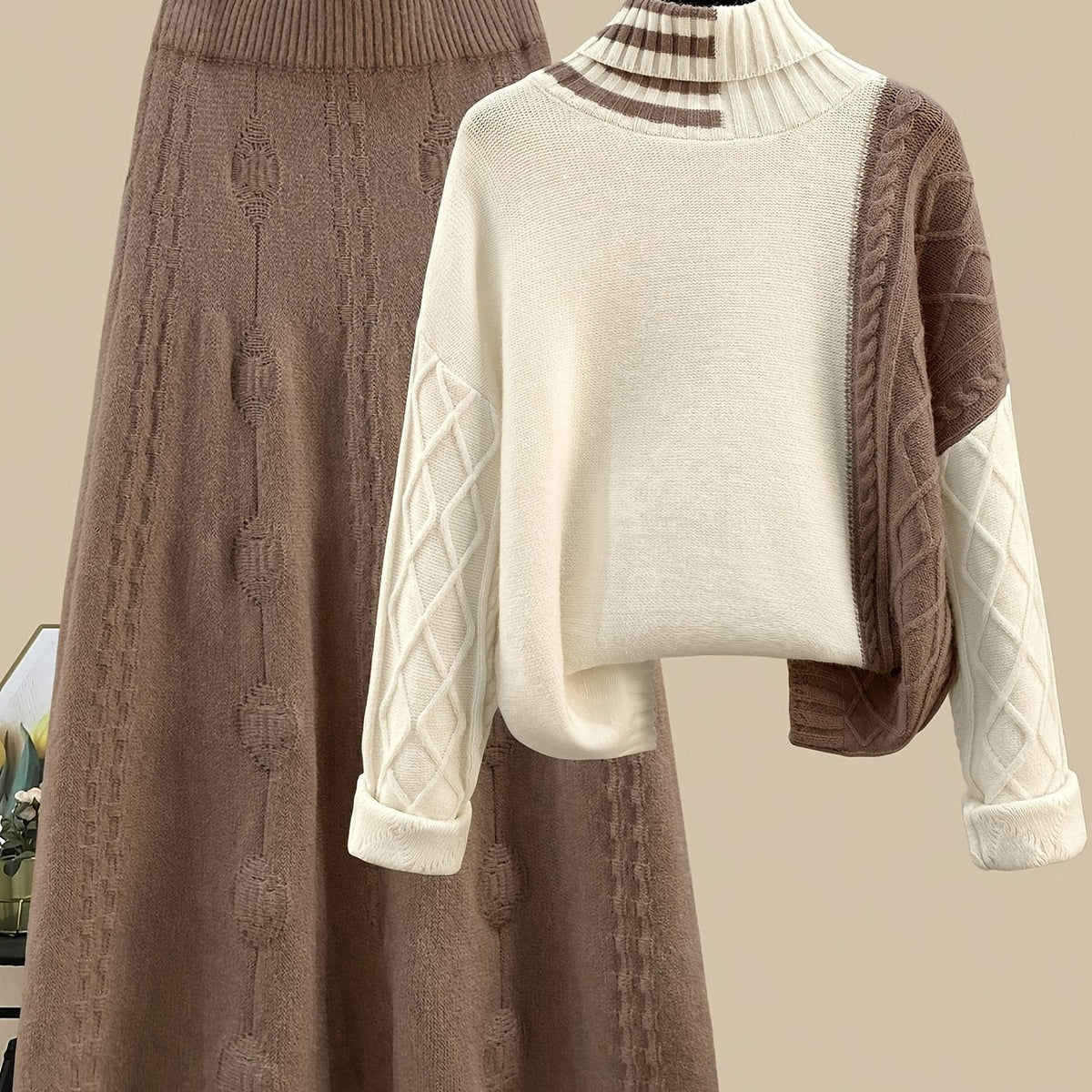 Damen Strick-Set Zweiteiler mit Rollkragenpullover & Midi-Rock in Creme-Braun