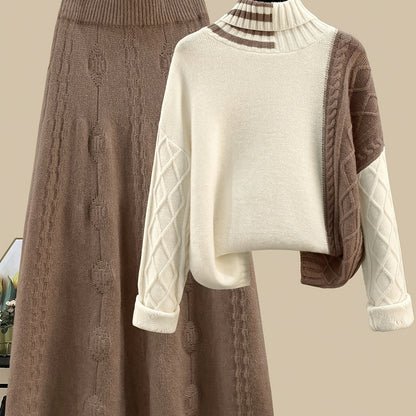 Damen Strick-Set Zweiteiler mit Rollkragenpullover & Midi-Rock in Creme-Braun