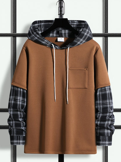 Hoodie Braun/Schwarz Kariert mit Kapuze und Brusttasche