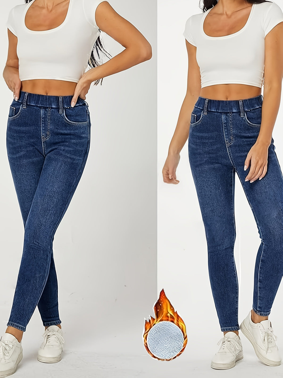 Damen Jeans Leggings mit Fleece-Futter – Dunkelblau, Stretch