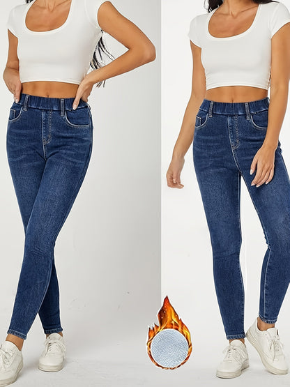 Damen Jeans Leggings mit Fleece-Futter – Dunkelblau, Stretch