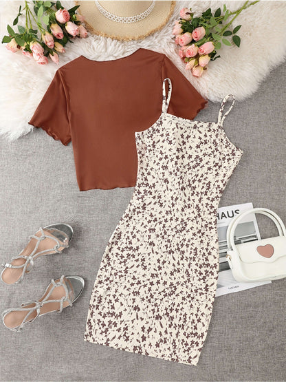 Damen Elegantes 2-teiliges Set – Florales Trägerkleid mit Kurzarm Bolero, Perfekt für Frühling und Sommer