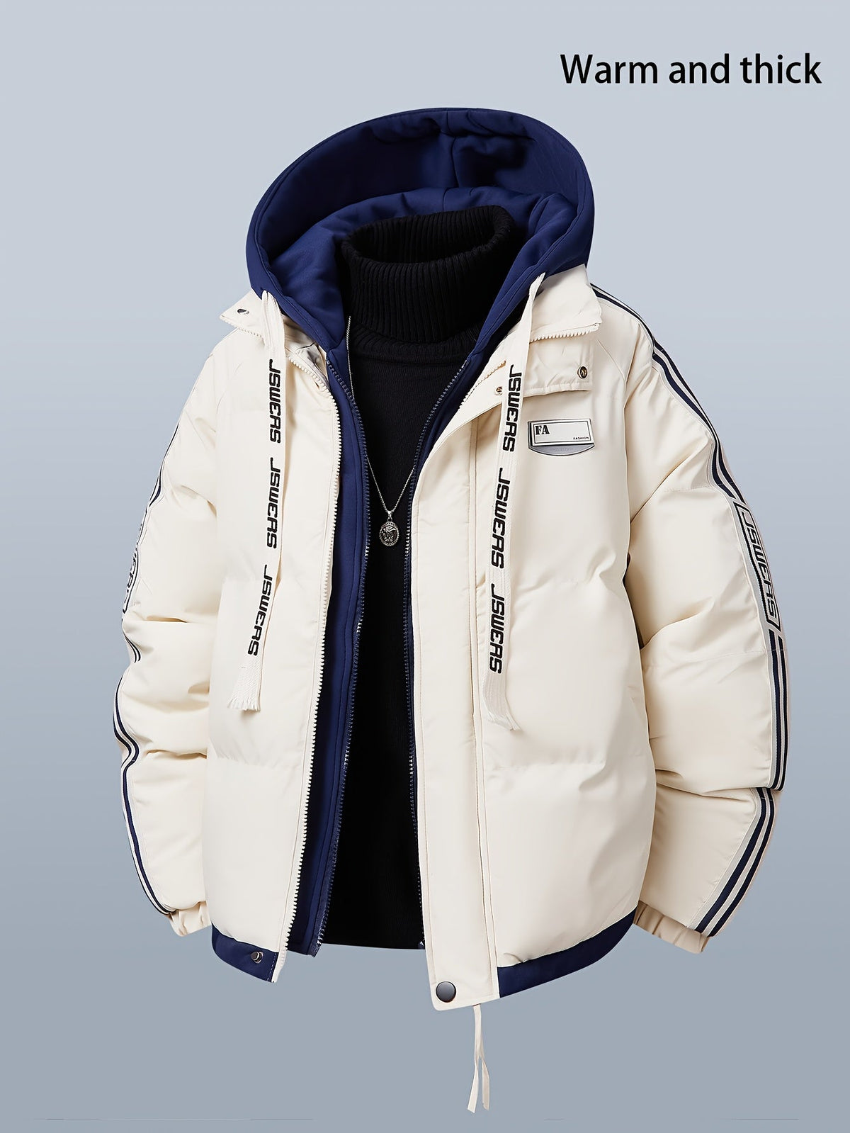 Winter Steppjacke mit Kapuze für Herren, gefüttert, Kontraststreifen