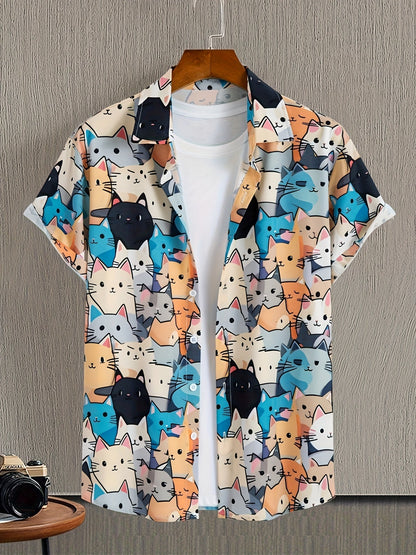 Herren Freizeithemd mit Katzen-Print – Kurzarm, Lustiges Design, Perfekt für Alltag & Party