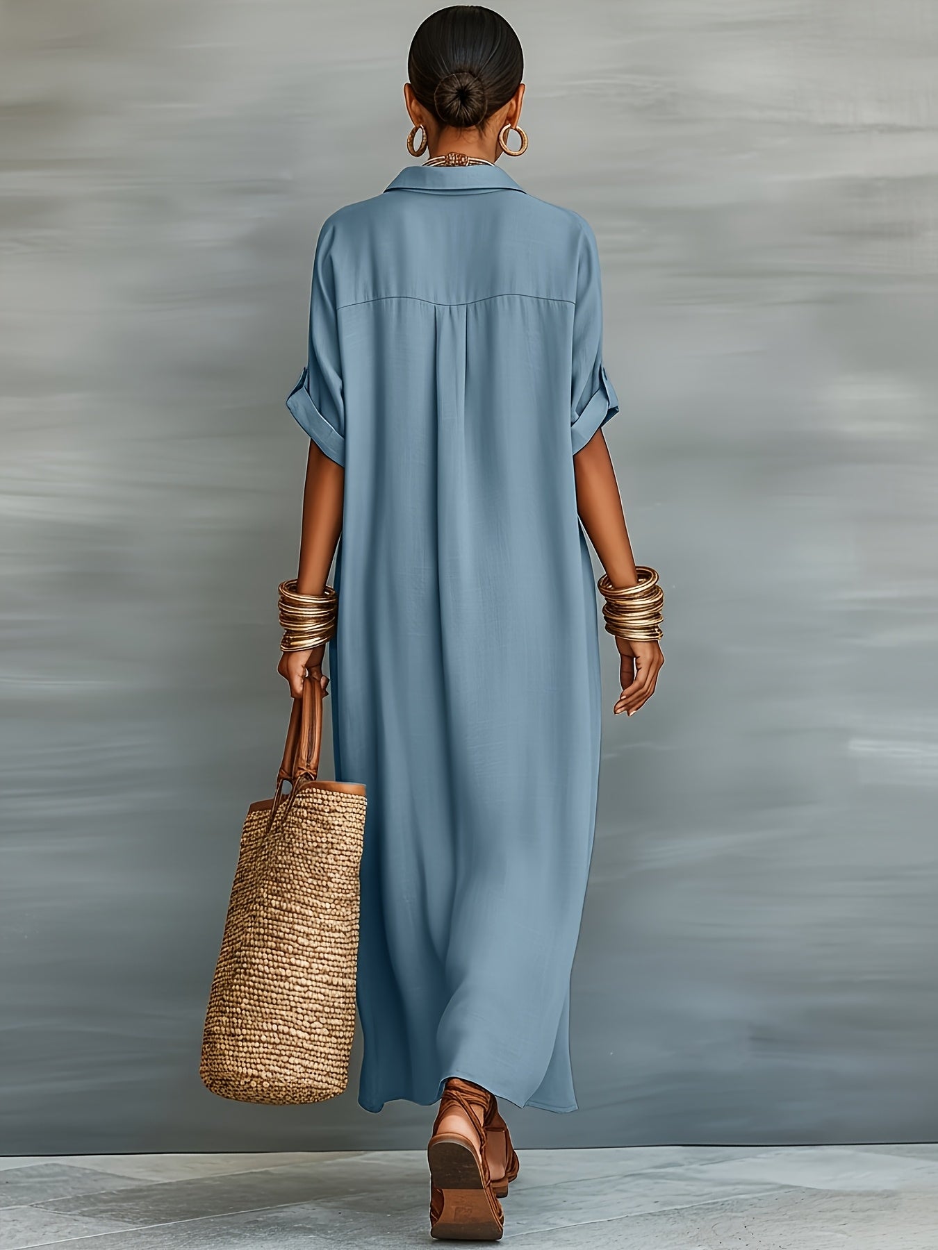 Damen Maxikleid Hemdblusenkleid Elegant Lässig Sommermode
