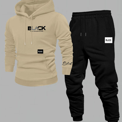 Unisex Trainingsanzug Hoodie & Jogginghose Set Schwarz mit Aufdruck
