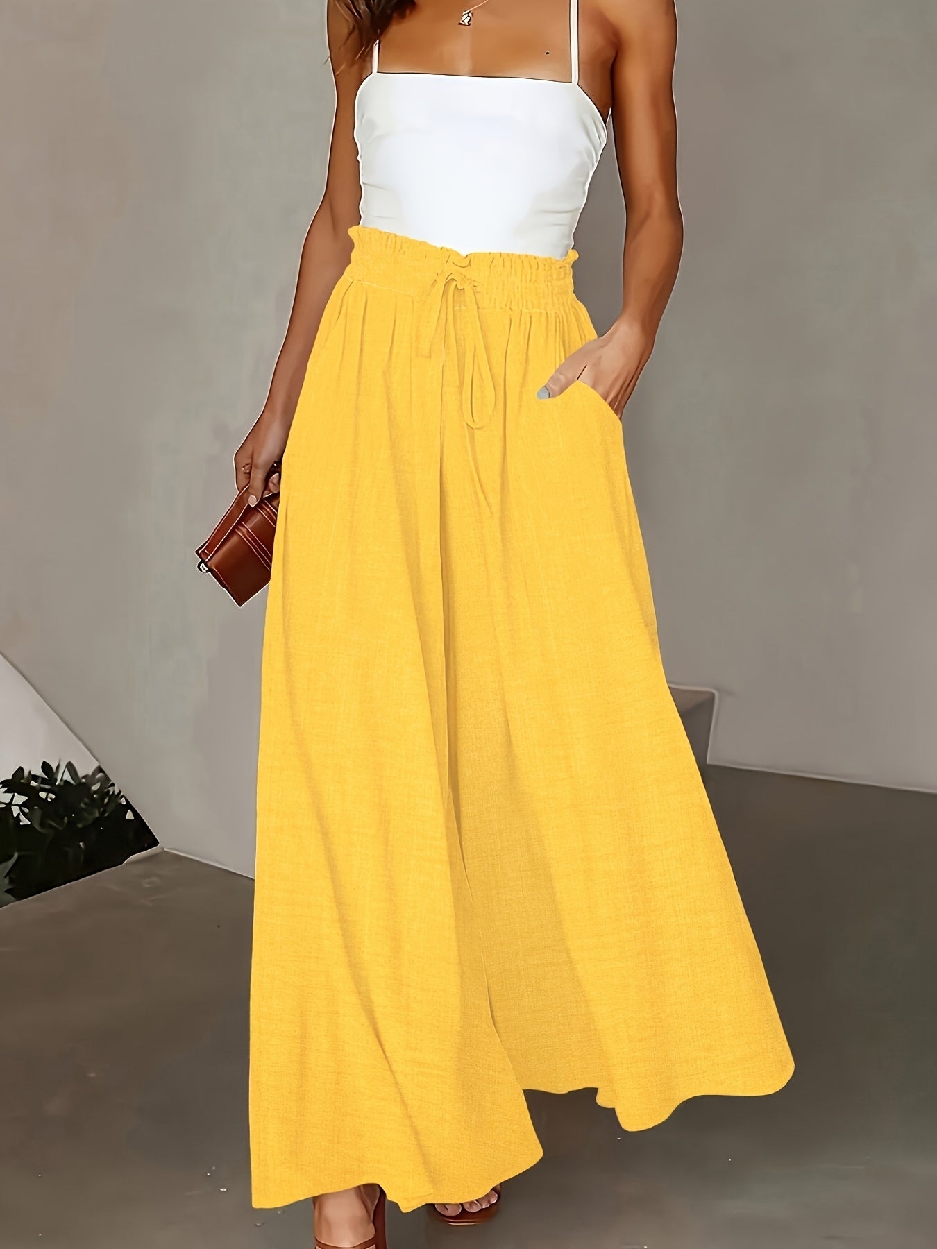 Damen Elegante Weite High-Waist Palazzo Hose mit Kordelzug und Taschen – Perfekt für Freizeit und Büro