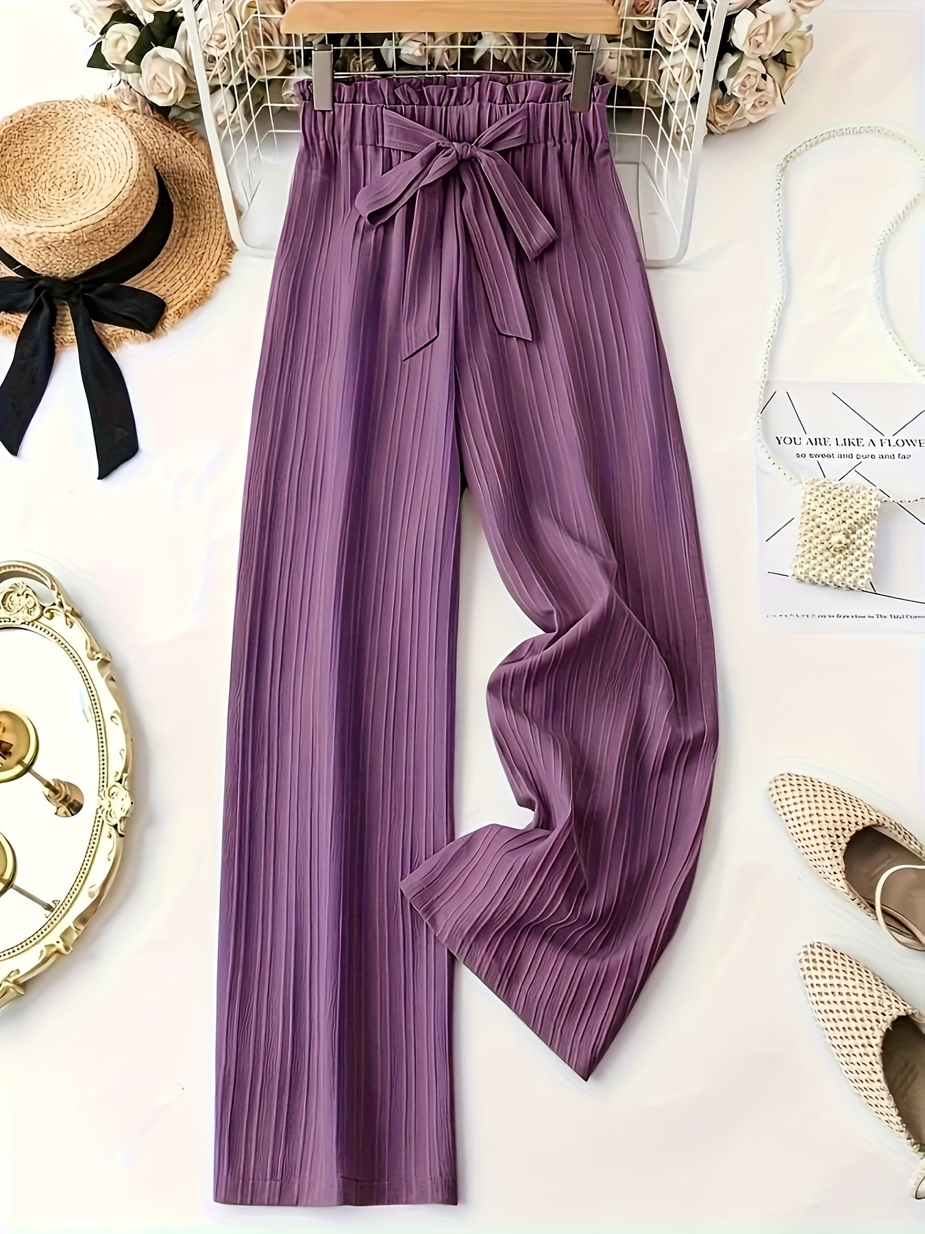 Damen Elegante Weitbein-Hose mit Schleife und Plissee – Perfekt für Freizeit und Büro
