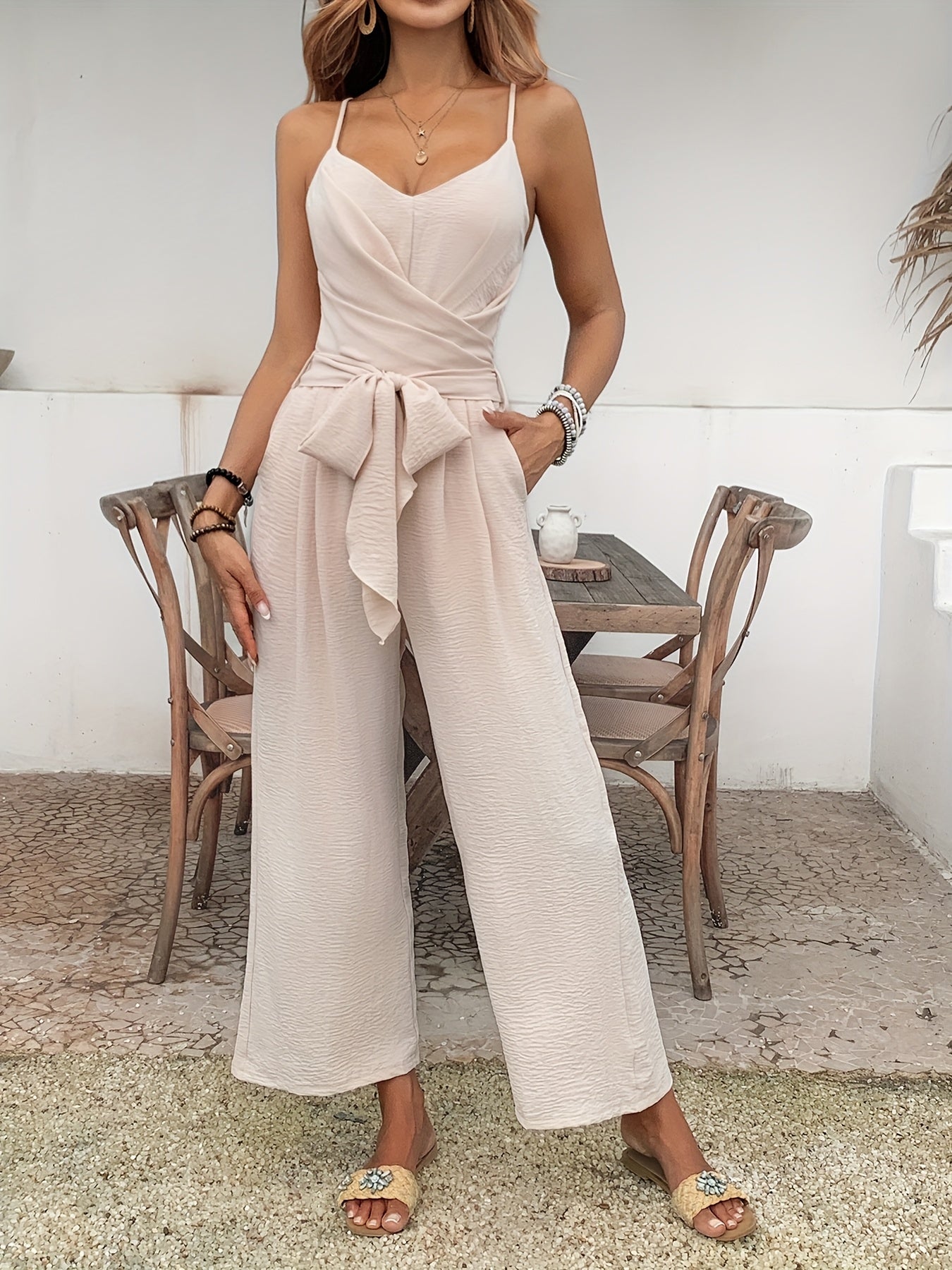 Damen Eleganter Jumpsuit mit Schleifen-Taille und weitem Bein – Perfekt für Freizeit & Sommer