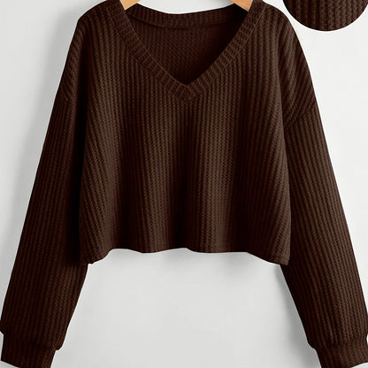 Damen Crop Pullover V-Ausschnitt Langarm Waffelstruktur Schwarz