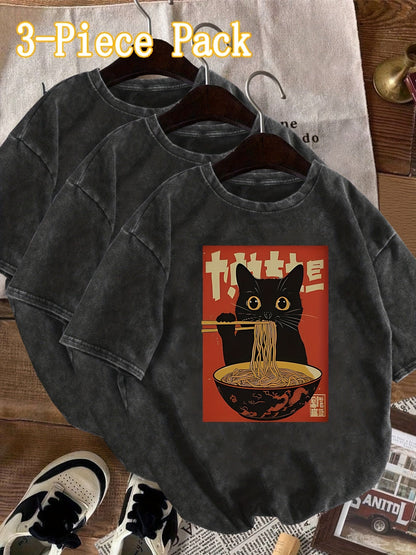 Damen Vintage T-Shirt mit Katze und Ramen-Nudeln – Lustiges Grafikshirt für Alltag und Freizeit