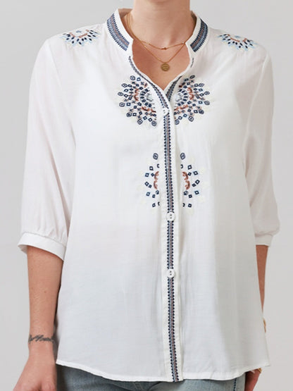 Damen Bluse Elegant Bestickt mit 3/4-Ärmeln für Alltag und Büro