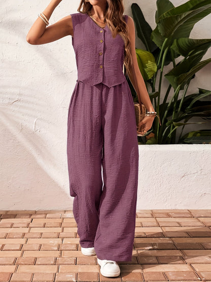 Damen Zweiteiler Jumpsuit mit Weste und Knopfleiste – Eleganter Sommeranzug für Alltag und Urlaub