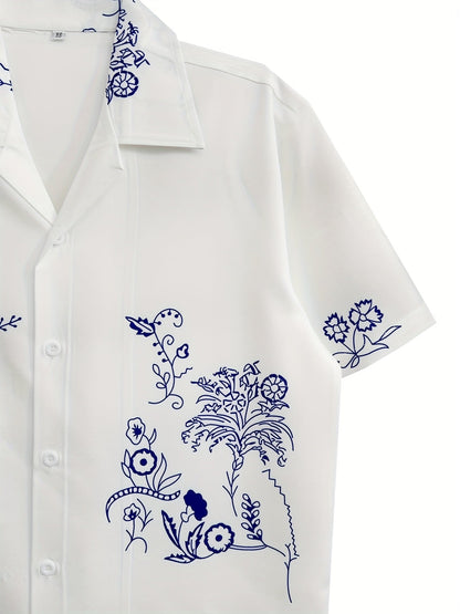 Herren Kurzarm-Resorthemd mit künstlerischem floralen Line-Art-Design – Modernes Freizeitshirt für stilvolle Sommermomente