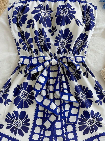 Damen Bandeau-Overall mit Blumenmuster und Taillengürtel – Eleganter Sommer-Jumpsuit für Urlaub & Freizeit