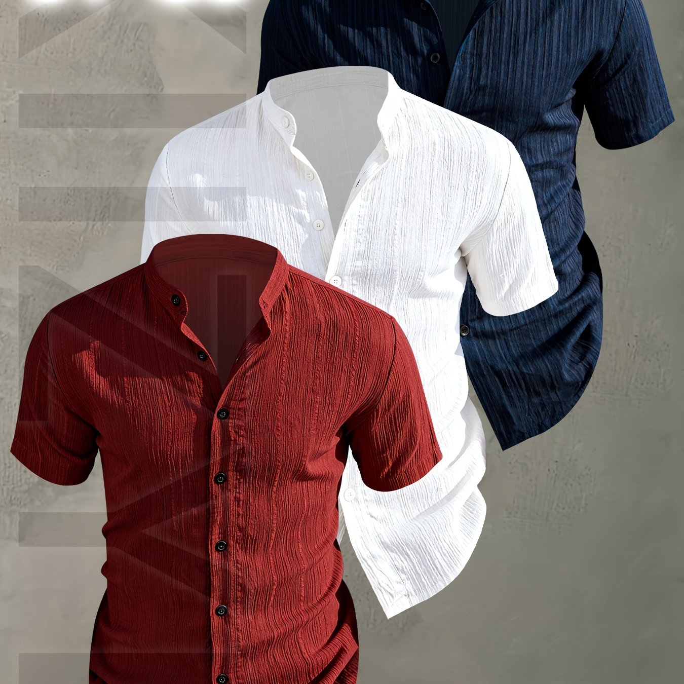 Herren 3er-Pack Stehkragen Hemden – Modischer Freizeit Look, Kurzarm, Knopfleiste