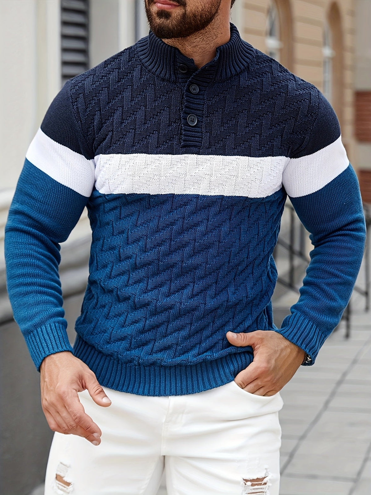 Herren Grobstrickpullover mit Stehkragen und Knopfleiste, mehrfarbig