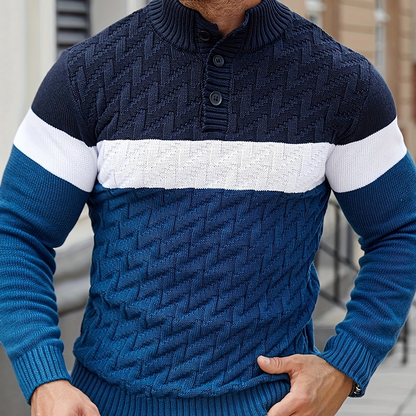 Herren Grobstrickpullover mit Stehkragen und Knopfleiste, mehrfarbig