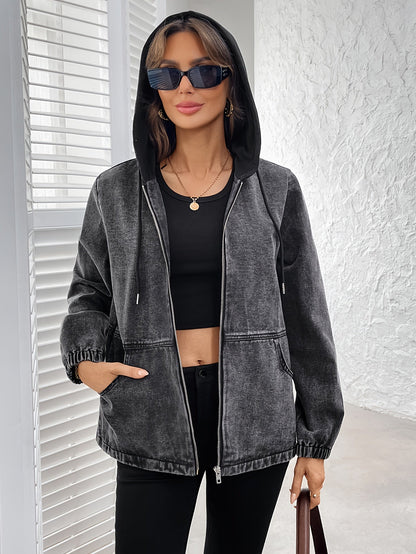 Damen Jacke mit Kapuze & Reißverschluss, verwaschene Optik, Grau