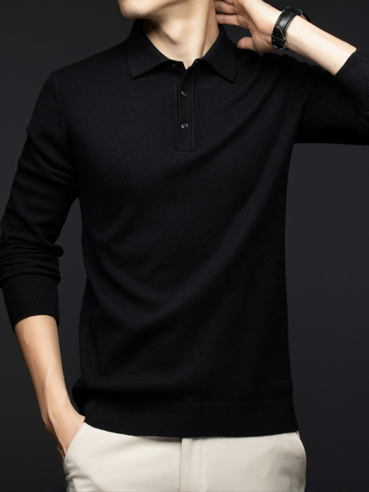 Herren Langarm Poloshirt Strickpullover mit Kragen und Knopfleiste