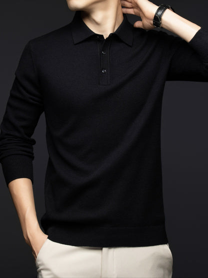 Herren Langarm Poloshirt Strickpullover mit Kragen und Knopfleiste