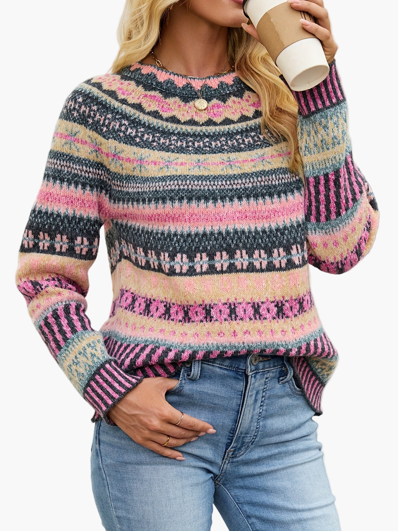 Damen Pullover Eleganter Strick Fair Isle Muster Herbst Winter Freizeit