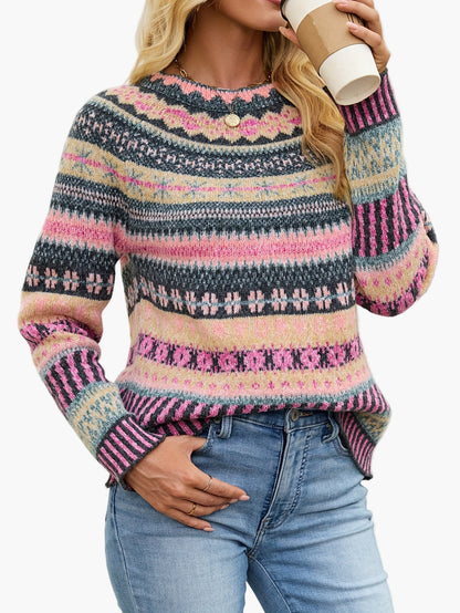 Damen Pullover Eleganter Strick Fair Isle Muster Herbst Winter Freizeit