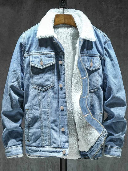Jeansjacke Herren gefüttert Hellblau Teddyfell Kragen