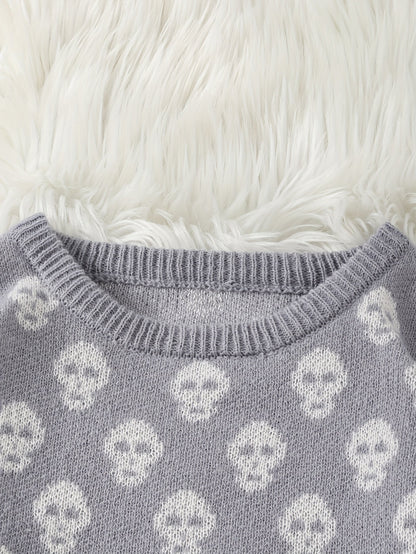 Unisex Pullover mit Totenkopfmuster Strick Rundhals Langarm Strickpullover