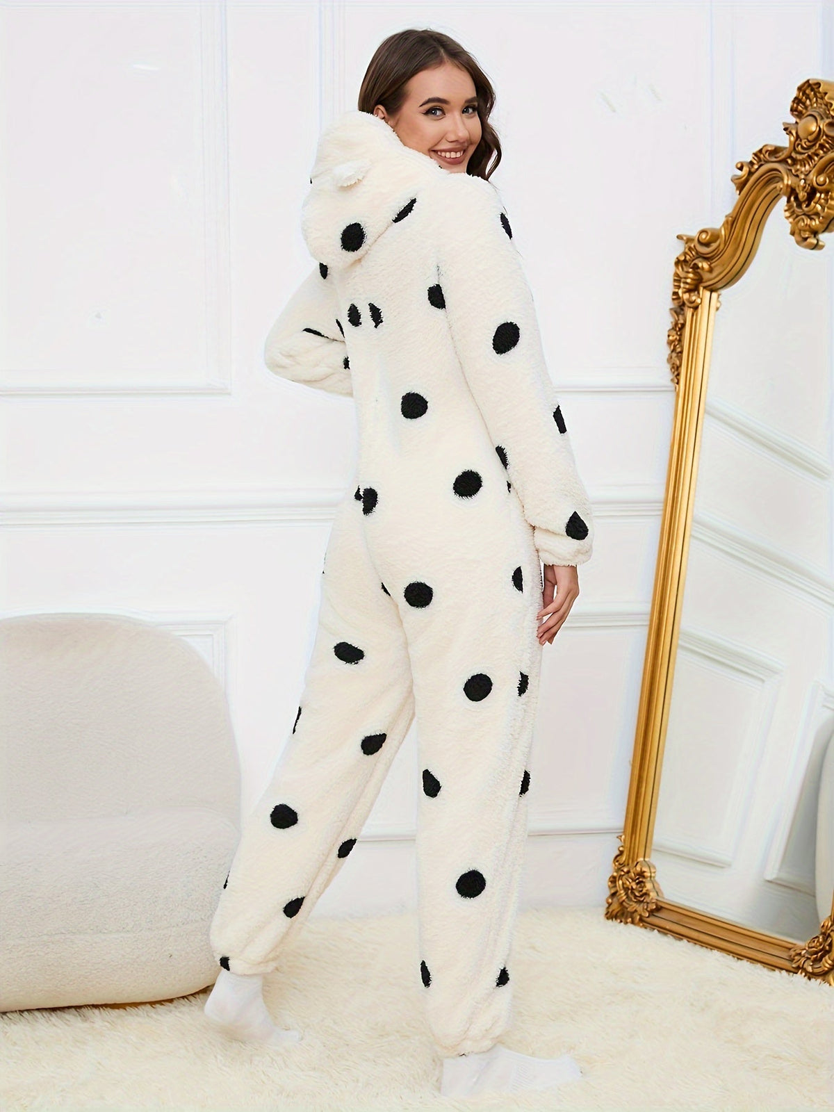Damen Flauschiger Teddybär-Overall mit Kapuze und Reißverschluss