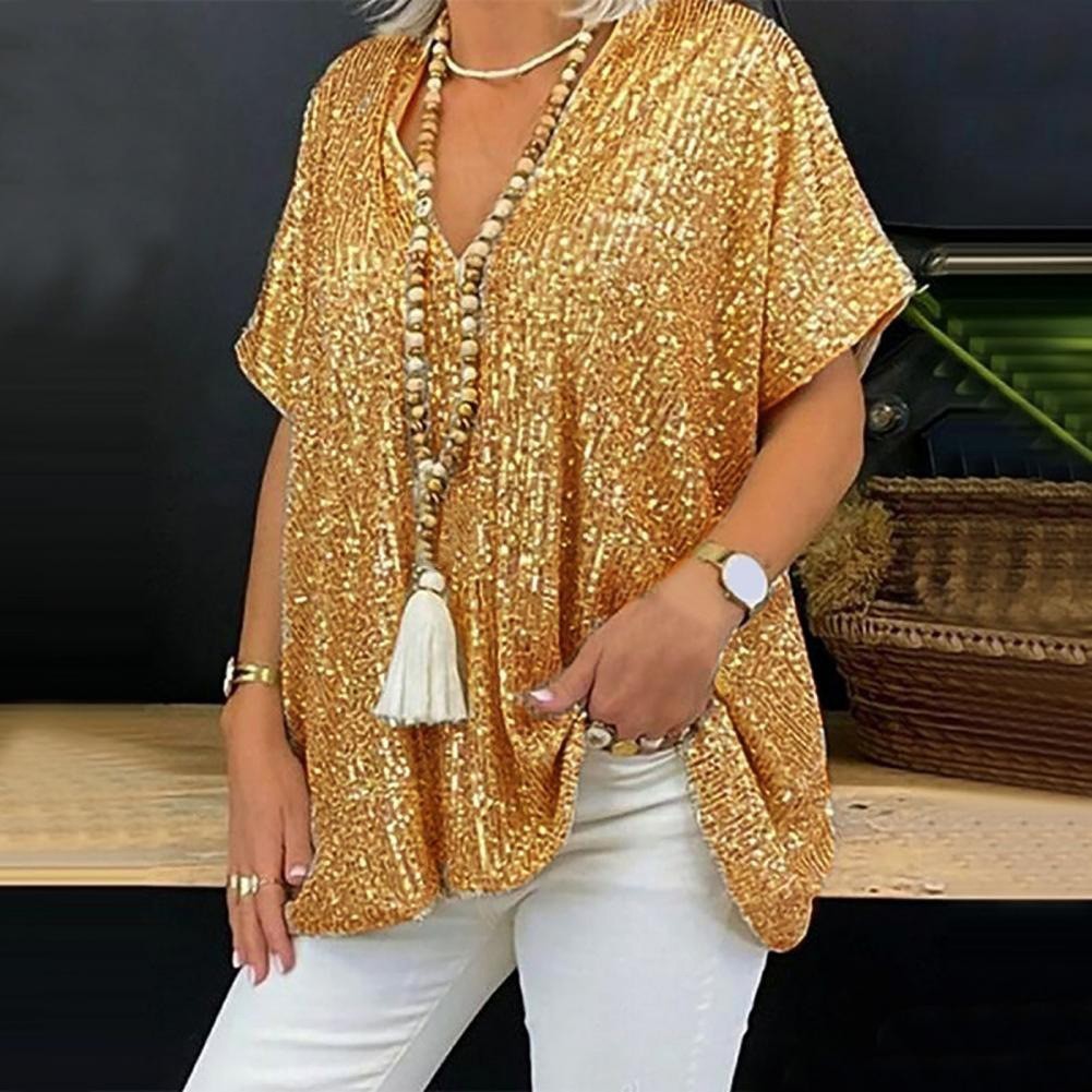 Damen Pailletten Tunika mit V-Ausschnitt – Glitzerndes Oversize-Shirt für festliche Anlässe