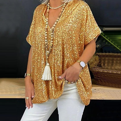 Damen Pailletten Tunika mit V-Ausschnitt – Glitzerndes Oversize-Shirt für festliche Anlässe