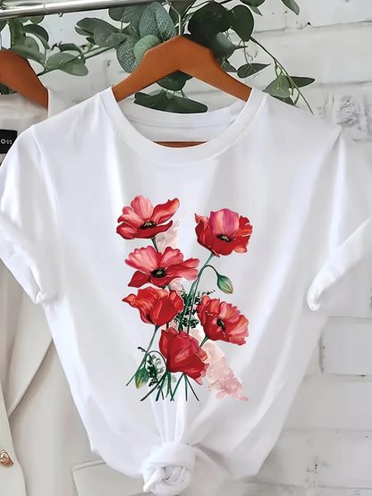Damen T-Shirt mit Blumenprint – Stilvolles Freizeitshirt mit Mohnblumen-Motiv, Casual Fashion