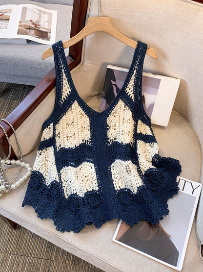 Damen Häkel-Top im Boho-Stil, ärmellos, modisch für Freizeit und Strand