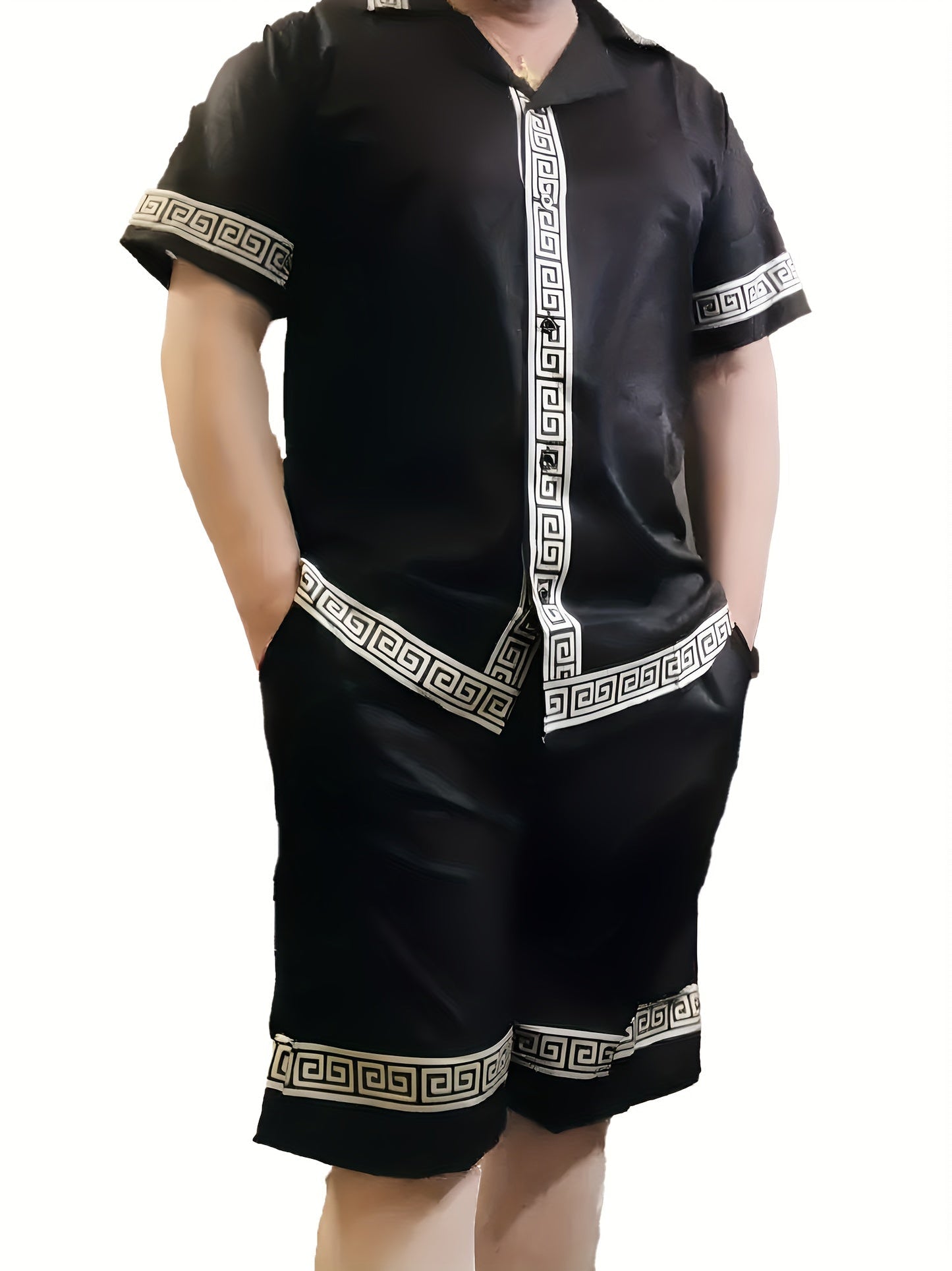 Herren Sommer Freizeit Set – Kurzarm Hemd und Shorts mit geometrischem Muster, perfekt für Urlaub und Alltag