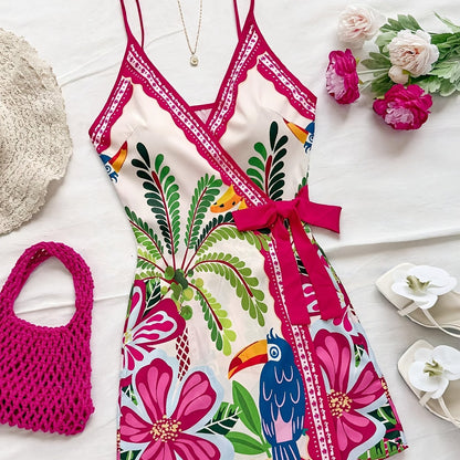 Damen Sommer Wickelkleid mit tropischem Print und Blumenmuster – Ideal für Urlaub und Freizeit