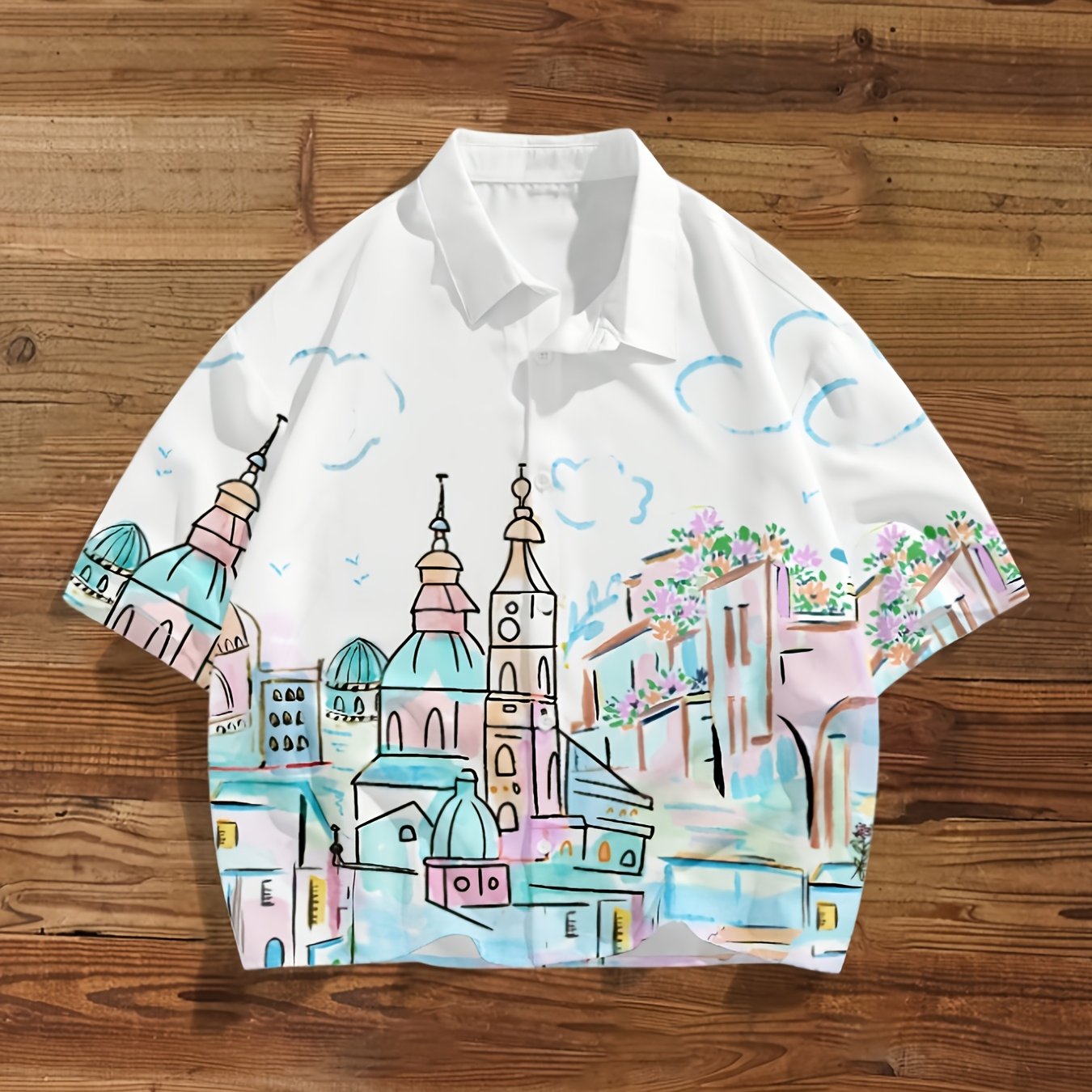 Herren Freizeit Hemd mit künstlerischem Stadtmotiv, Kurzarm, Modernes Design