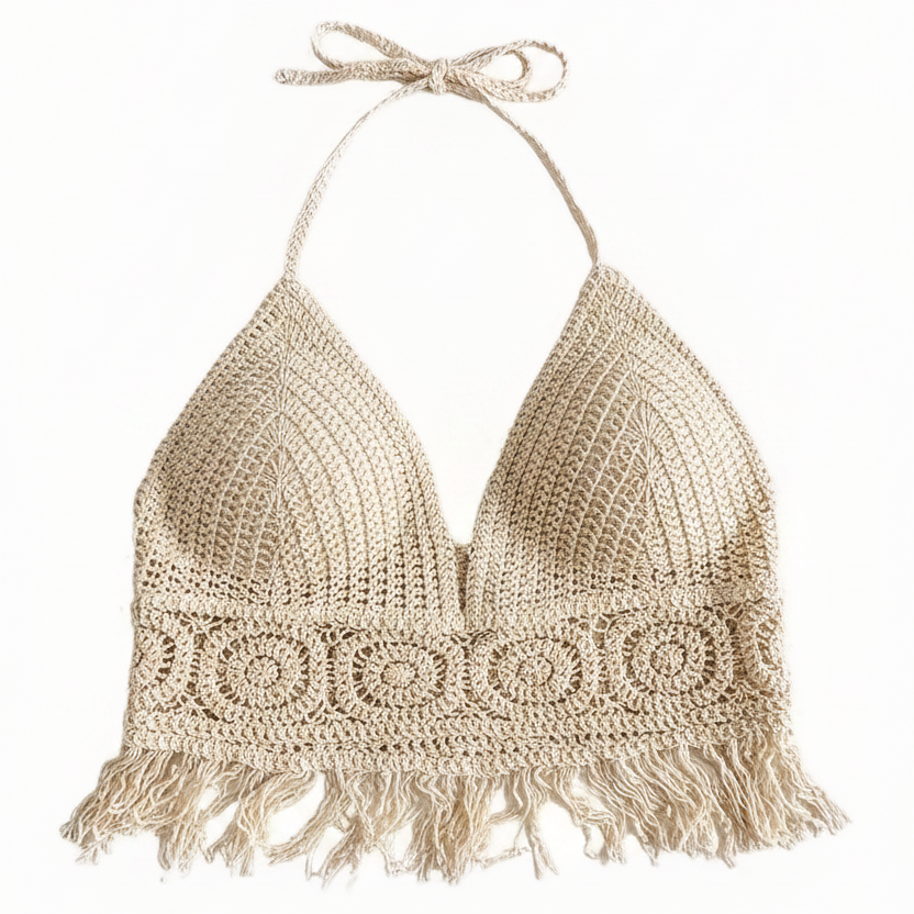 Damen Boho Häkel-Haltertop mit Fransen – Sommer Festival Oberteil
