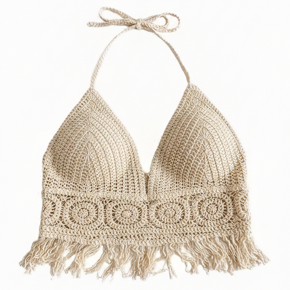 Damen Boho Häkel-Haltertop mit Fransen – Sommer Festival Oberteil
