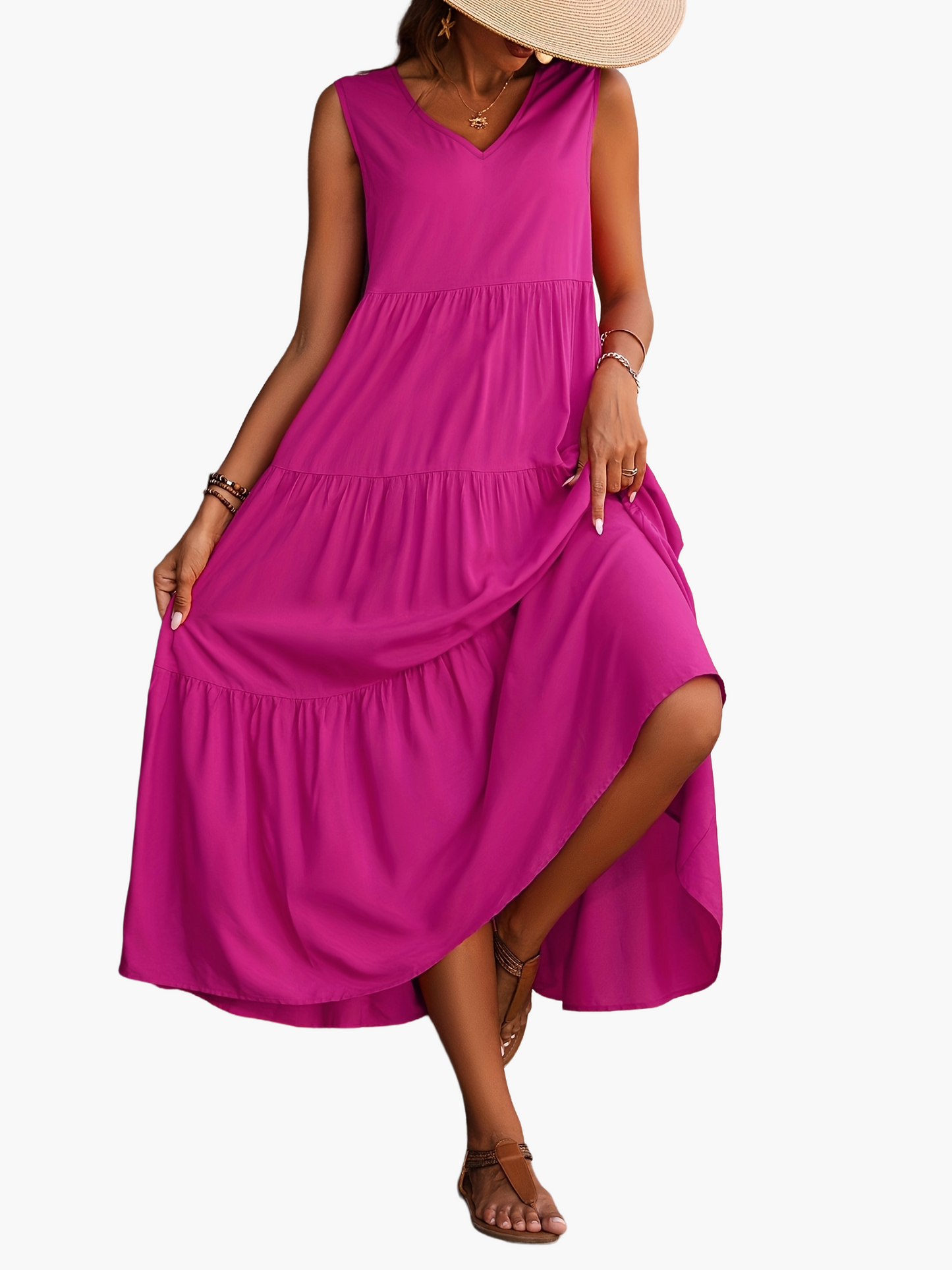 Damen Sommer Maxikleid Elegant V-Ausschnitt Ärmellos Freizeitkleid