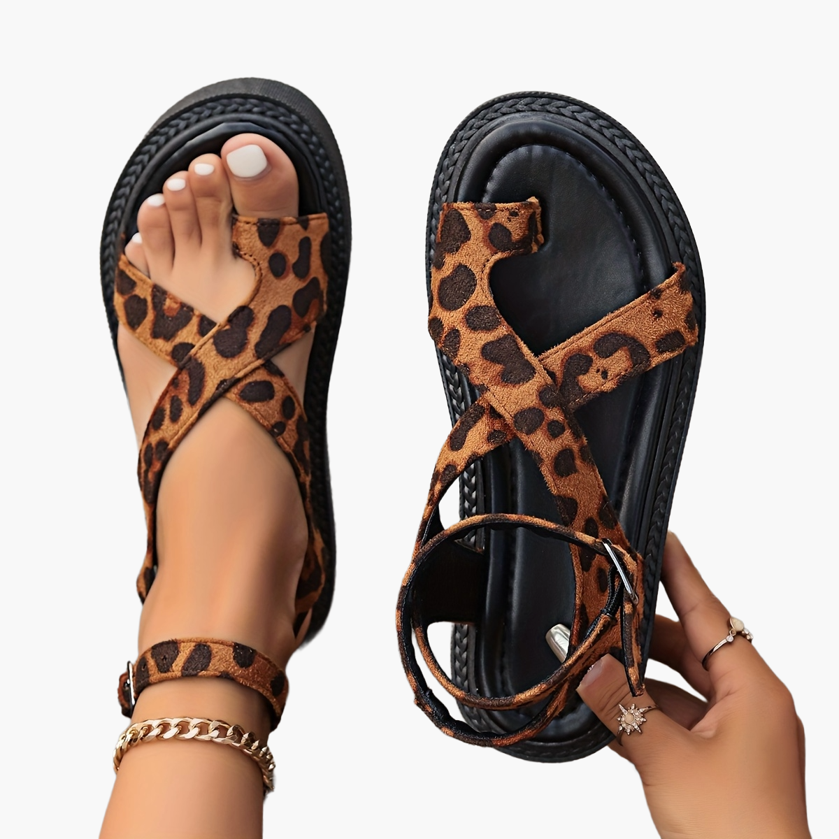 Damen Plateau-Sandalen mit Leopardenmuster – Modische Sommer-Sandaletten mit Riemchen und Schnalle