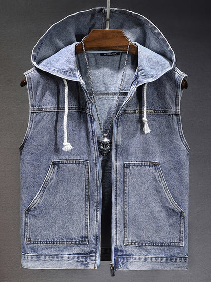 Jeansweste mit Kapuze Grau Unisex ärmellos Reißverschluss
