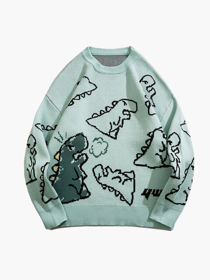 Herren Cartoon Dinosaurier Pullover – Lässiger Strickpullover für Herbst & Winter