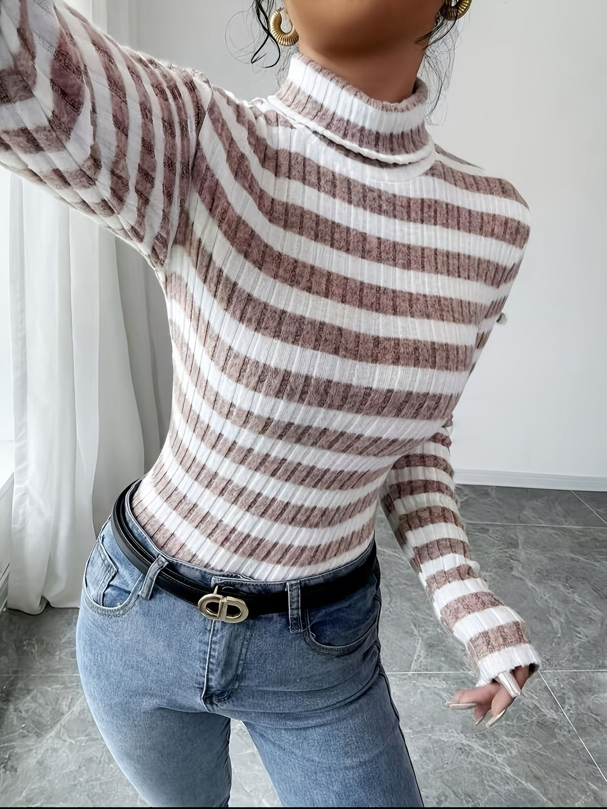 Damen Rollkragenpullover Gerippt Gestreift Langarm Oberteil