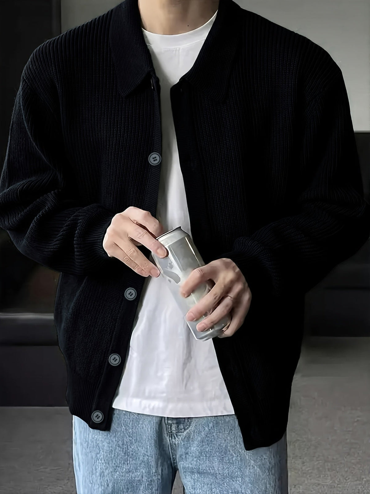 Gerippter Herren Cardigan mit Kragen und Knopfleiste, lässige Strickjacke für Männer